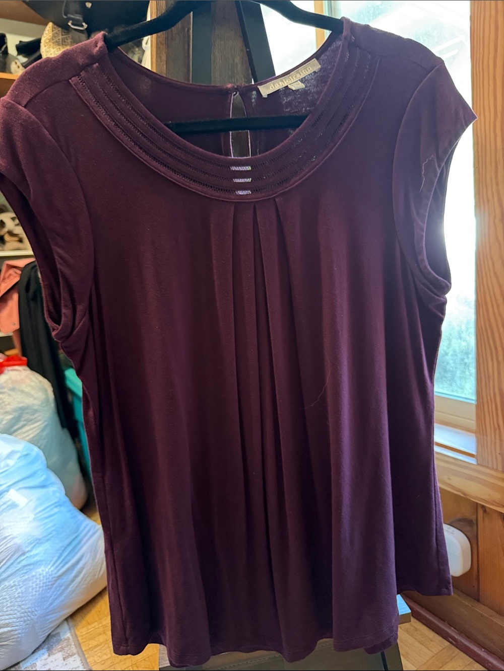 Dana Buchman Sleeveless Pleated Neck Tunic Top in Plum